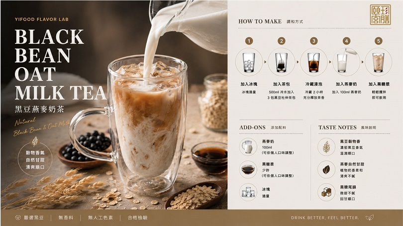 頤珍宮膳東方草本茶飲系列,展示玫瑰燕麥奶茶、山楂陳皮蜂蜜飲、黑豆杜仲健體茶、玫瑰荔枝蜂蜜飲及黑豆燕麥黑糖奶茶,呈現無咖啡因、植物原料與多元草本飲品應用