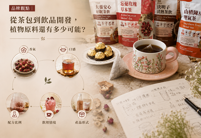 品牌觀點「從茶包到飲品開發，植物原料還有多少可能？」主題視覺，呈現花草茶包、玫瑰花、茶飲、調飲與飲品開發筆記，透過香氣、口感、配方比例、飲用情境與產品形式等元素，展現植物原料從茶包延伸至現代飲品開發的多元可能。